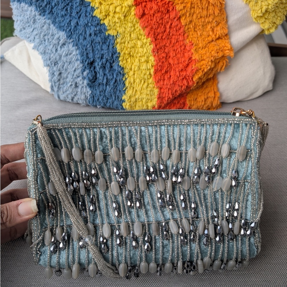 Elegant Beaded Clutch - Blue and Silver